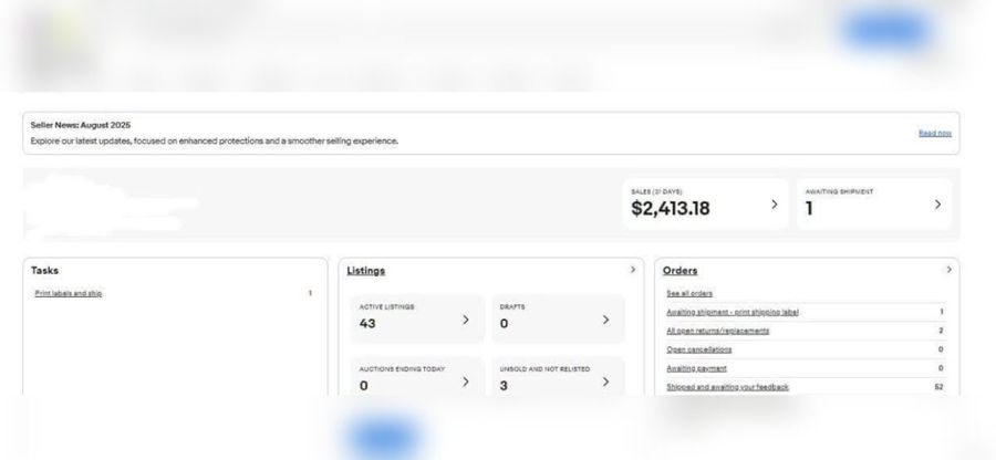 eBay US small store dashboard with 43 active listings