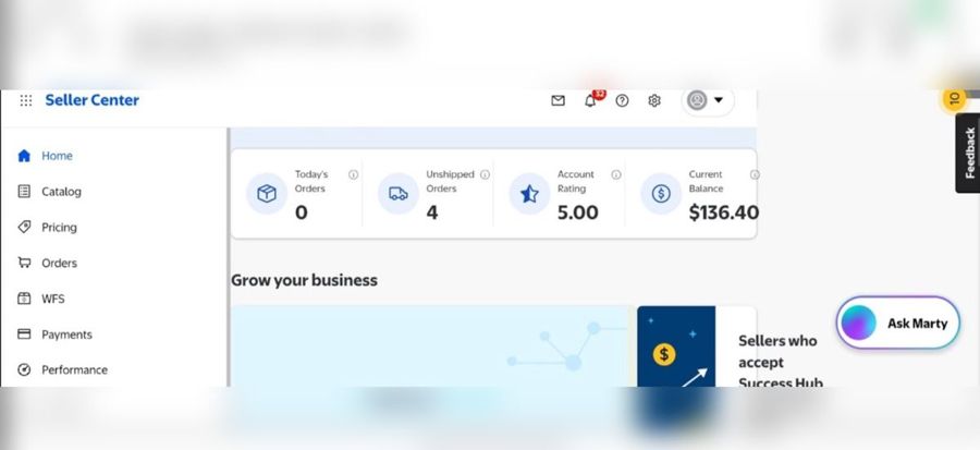 Walmart Seller Center snapshot with 5.00 rating