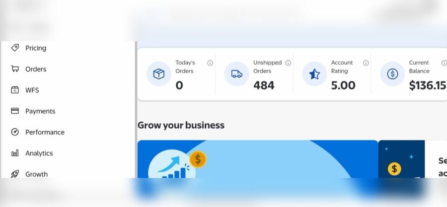 Walmart Seller Center snapshot with 5.00 rating and 484 unshipped orders