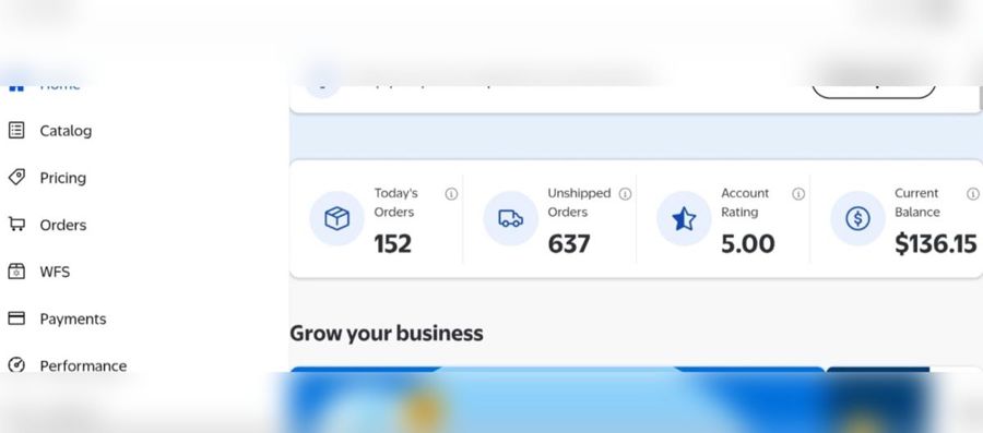 Walmart Seller Center snapshot with 5.00 rating and 152 orders today