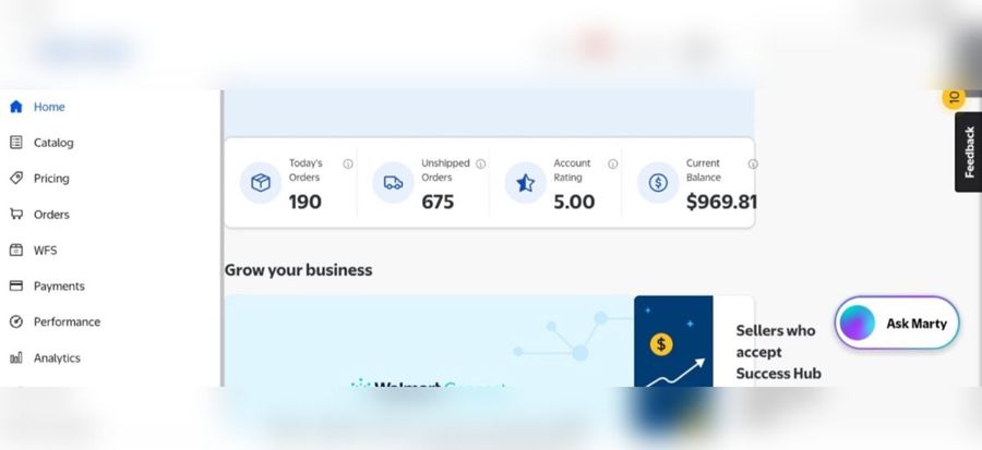 Walmart Seller Center snapshot with 5.00 rating and 190 orders today